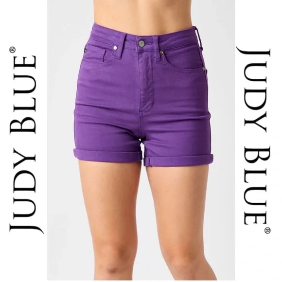 🏝️NEW!🏝️ JUDY BLUE | High Waist Tummy Control Purple Shorts - Style #150268 - Picture 2 of 6